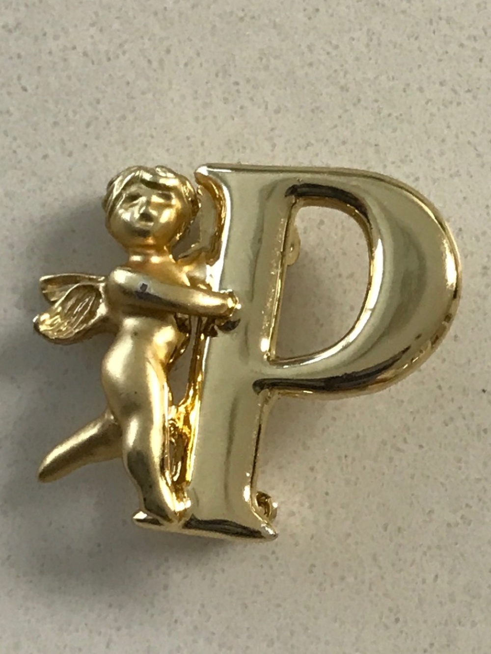 Vintage 80s Gold tone Letter P with Cherub Lapel Pin Hat Pin Brooch